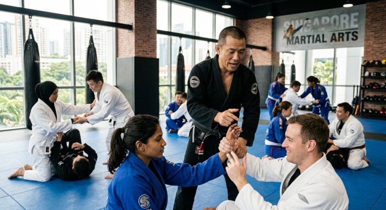 Martial arts instructor teaching students techniques during a group training session in Singapore.