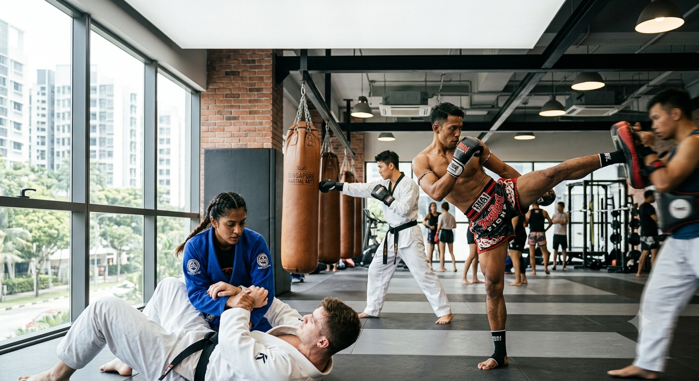 Best Martial Arts Singapore fitness training session with students practicing combat exercises in a modern gym.
