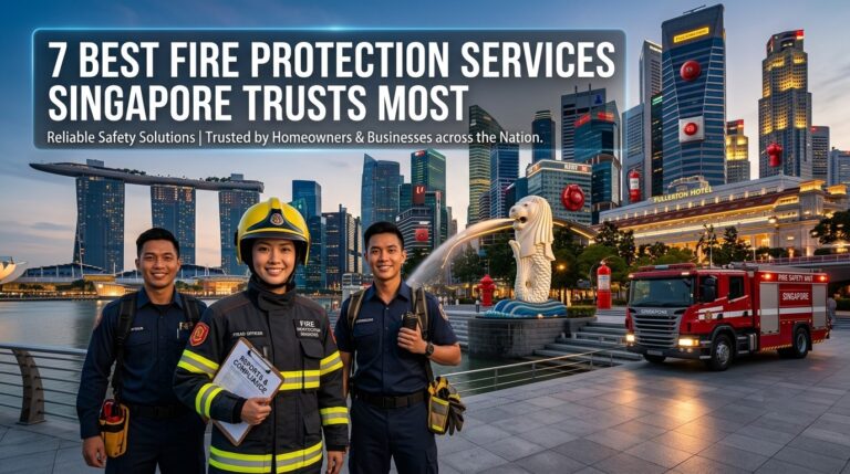 Fire protection professionals standing beside a fire truck in Singapore