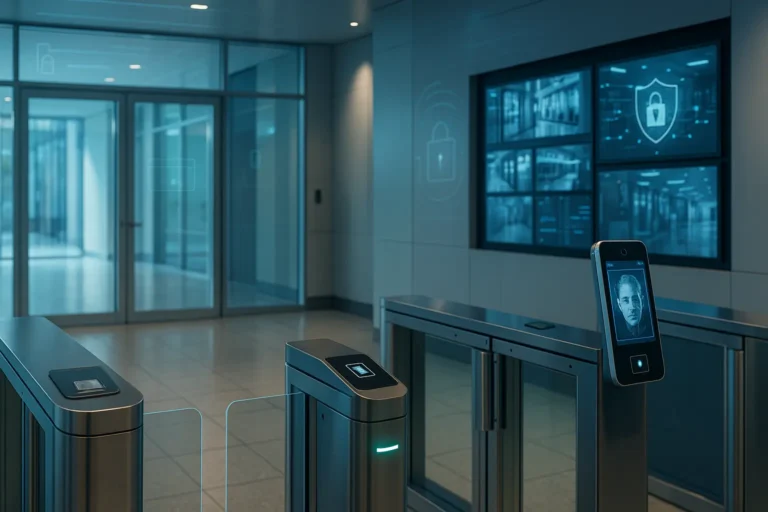 Secure office entrance with RFID access control gates in Singapore