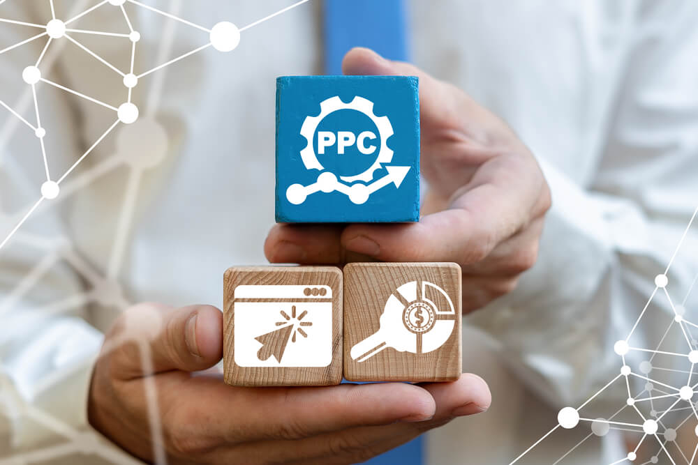 PPC advertising icon showing digital marketing analytics and pay per click campaign management concepts.