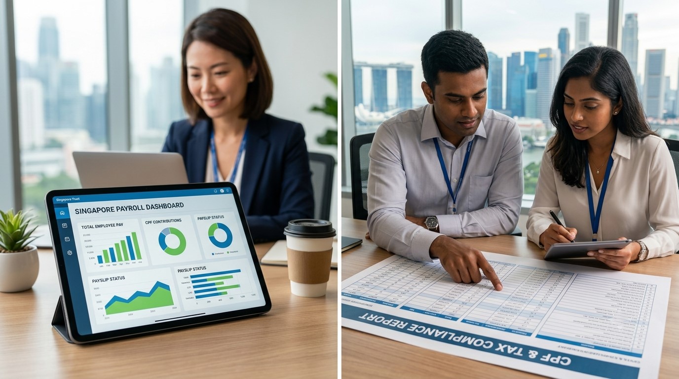 Business team reviewing payroll reports and employee salary data