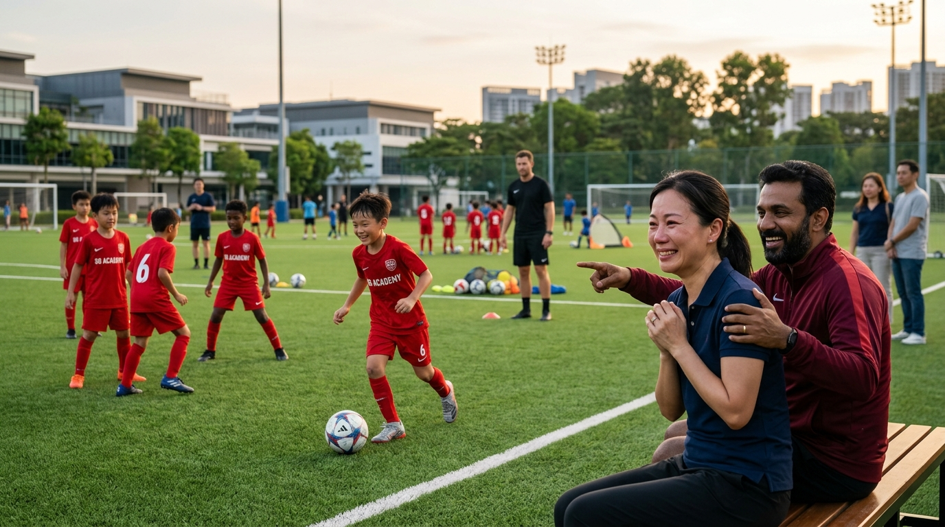 Youth football academy in Singapore with coaches guiding children through soccer drills and team practice.