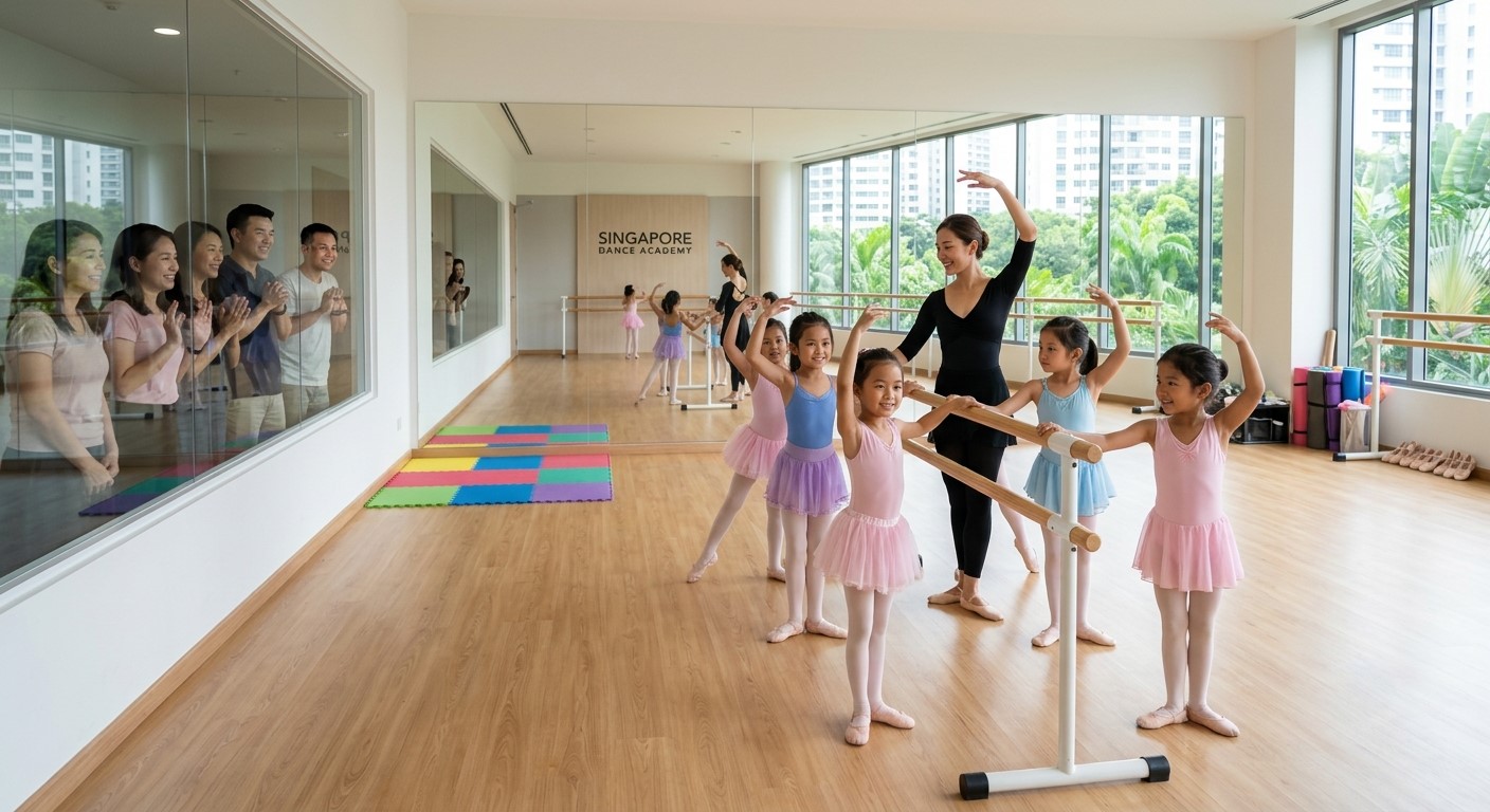 Children's ballet class at a Singapore dance studio with young dancers practicing at the barre.
