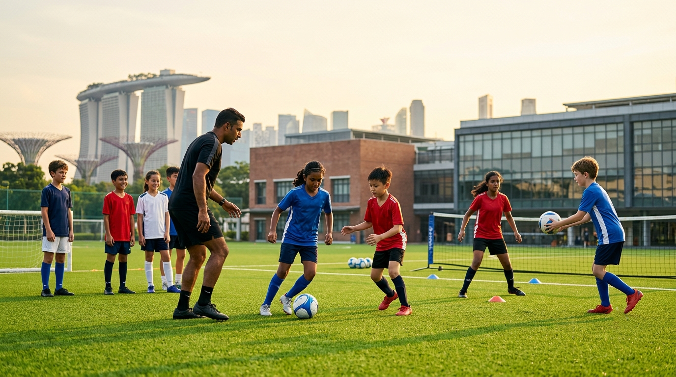 Kids participating in football academy training in Singapore with Marina Bay Sands skyline in the background.