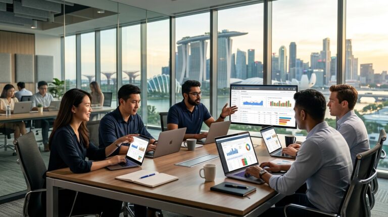Digital marketing team discussing PPC advertising strategies and campaign performance in a Singapore office.