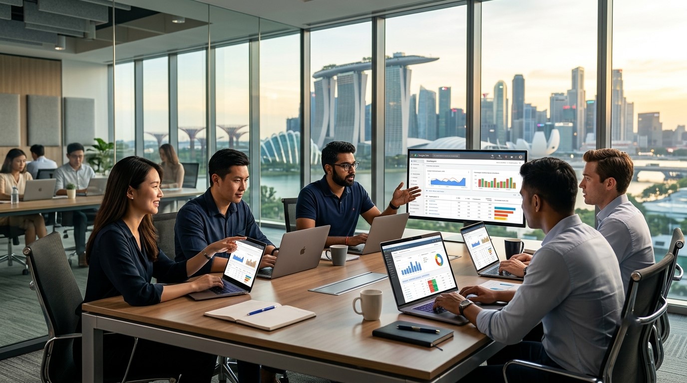 Digital marketing team discussing PPC advertising strategies and campaign performance in a Singapore office.