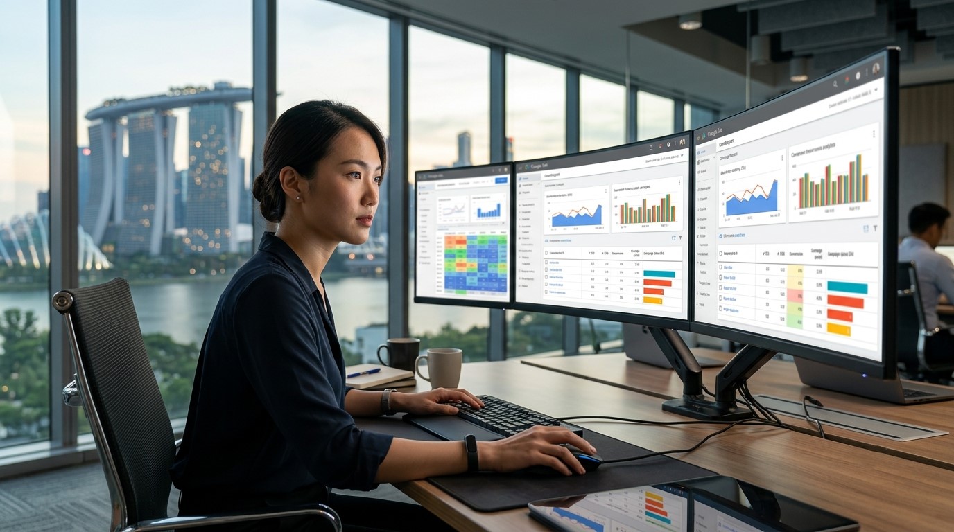 PPC specialist analyzing advertising dashboards and campaign data on multiple computer screens.