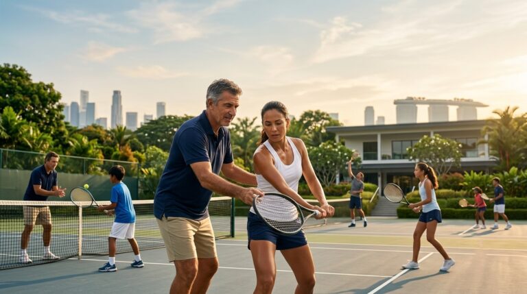 Tennis coach training young players during a group tennis lesson at an outdoor court in Singapore.