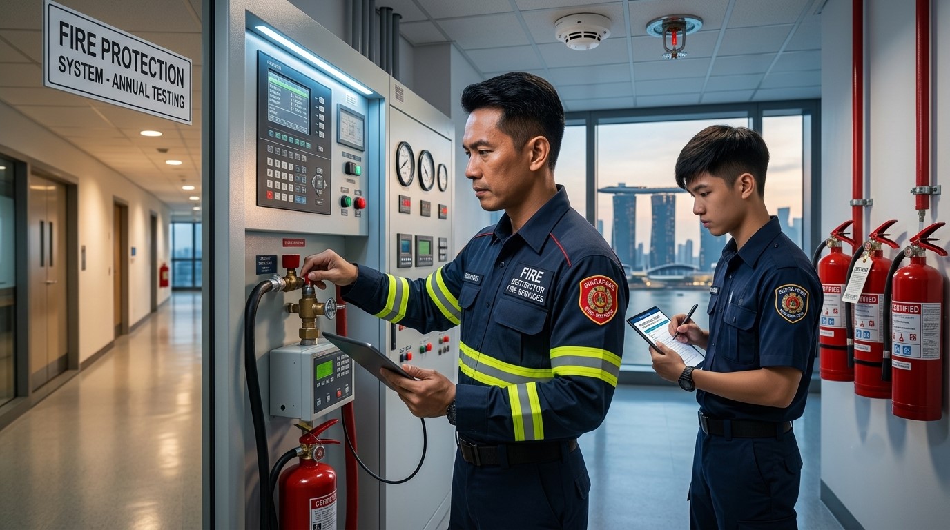 Fire protection technicians inspecting fire safety equipment