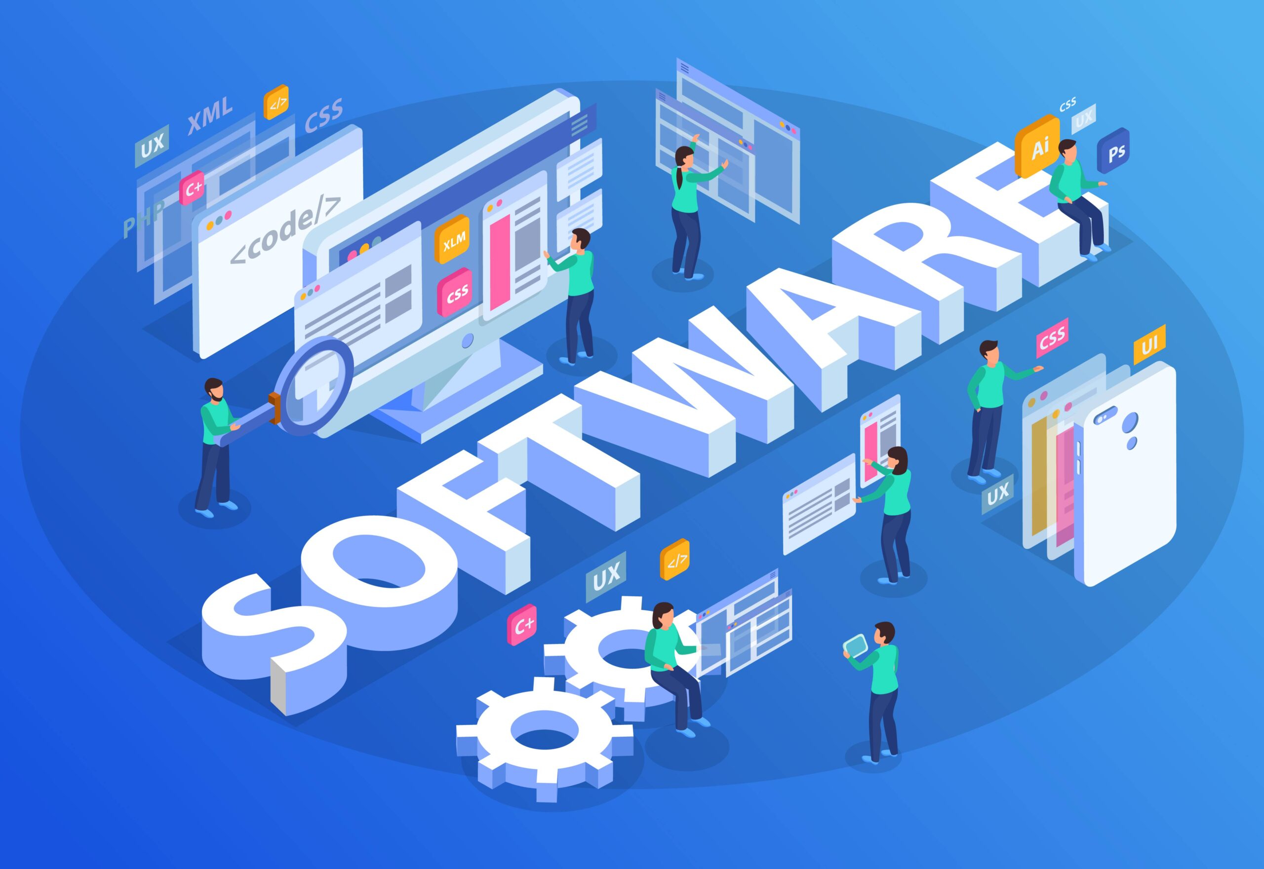 Software development concept with digital applications and programming tools