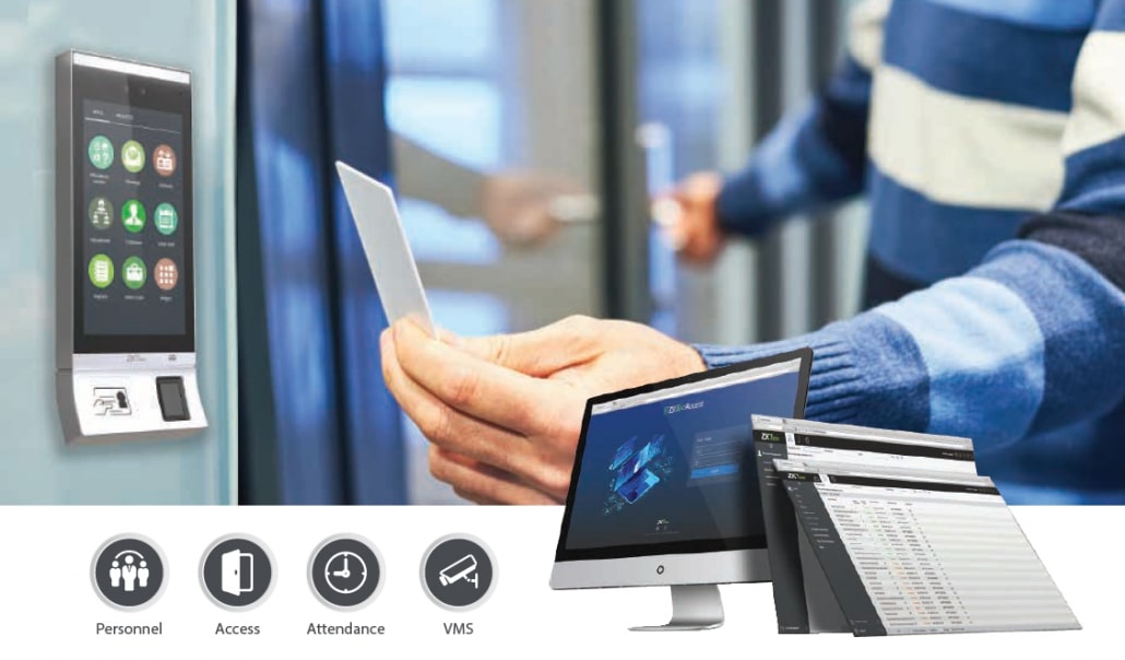 Employee using RFID card access control system for secure office entry