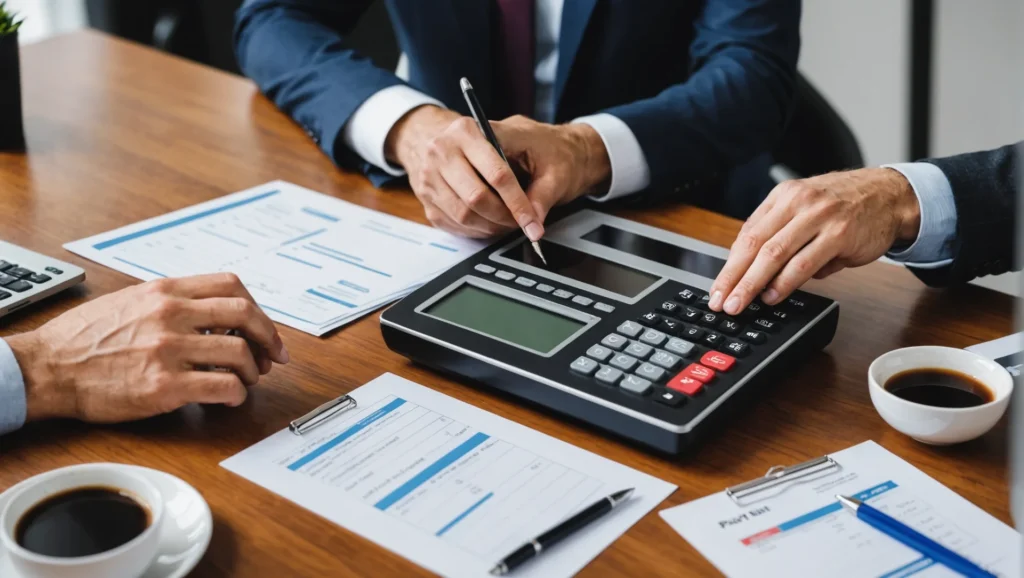 Accountant calculating employee payroll and business payroll expenses