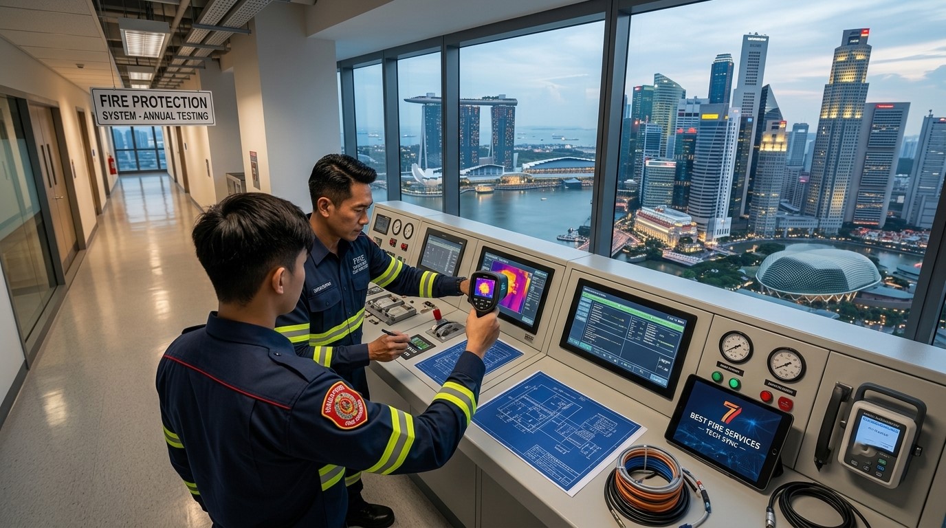 Fire protection engineer monitoring building fire control systems