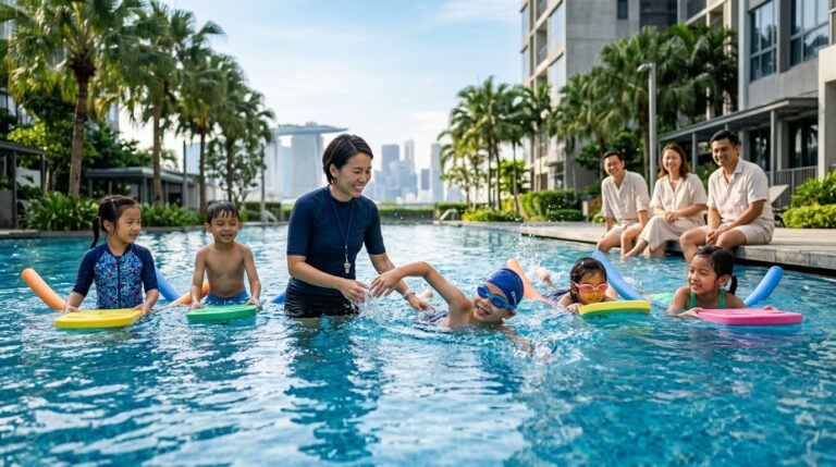 Group swimming lessons in Singapore with children learning water safety and swimming skills alongside certified instructors.