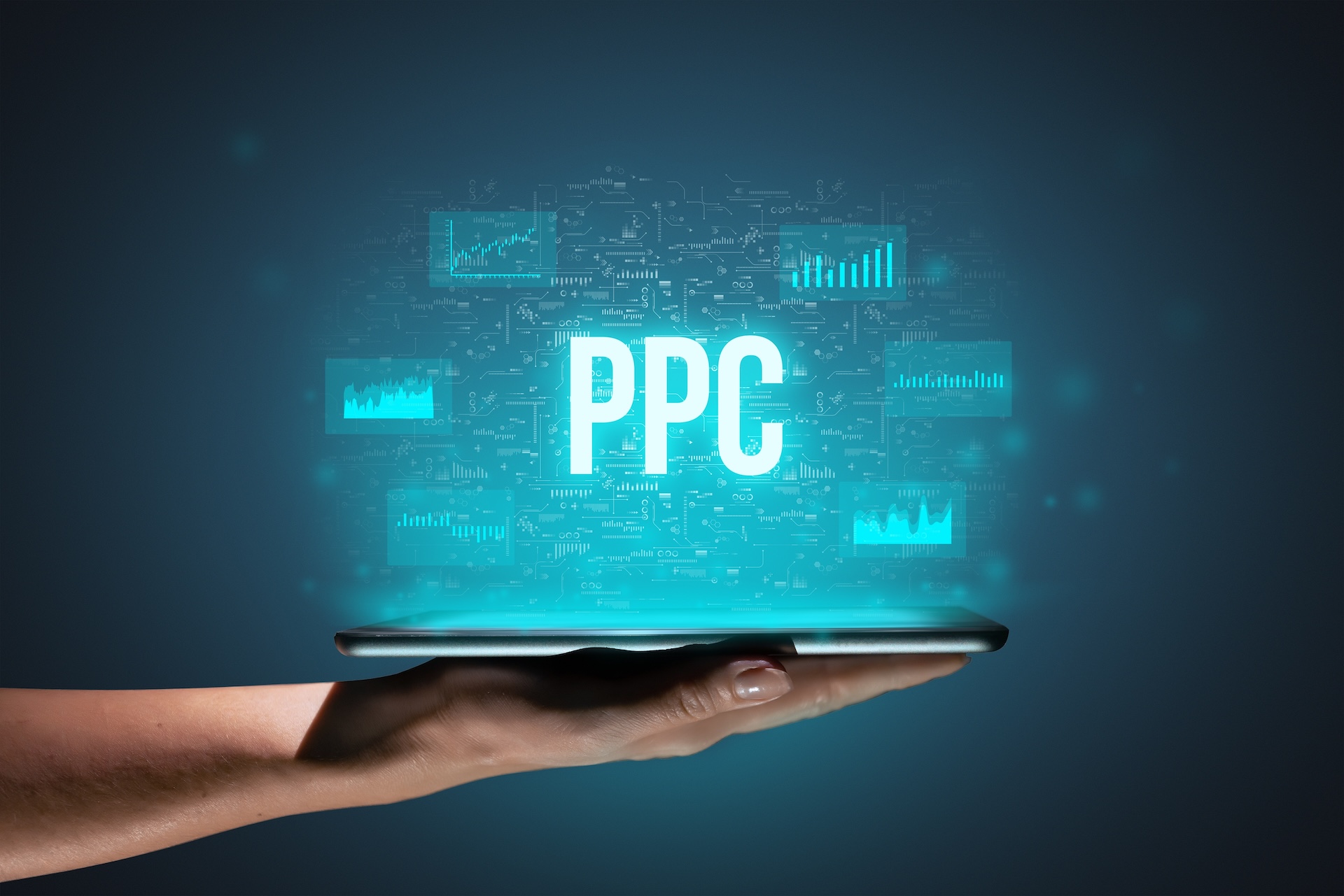 Digital PPC advertising graphic representing online marketing, paid search campaigns, and performance tracking.