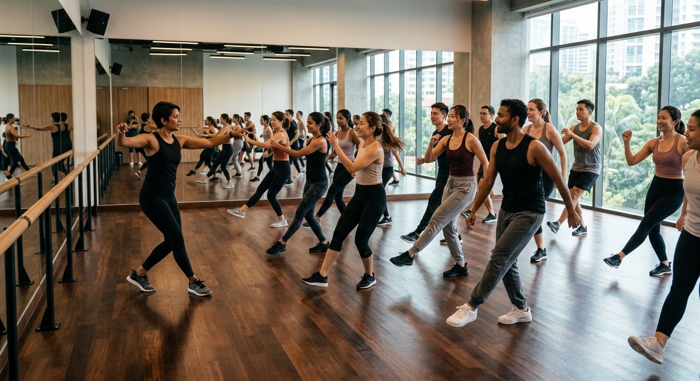 Group fitness dance class in Singapore with students learning choreography in a bright dance studio.