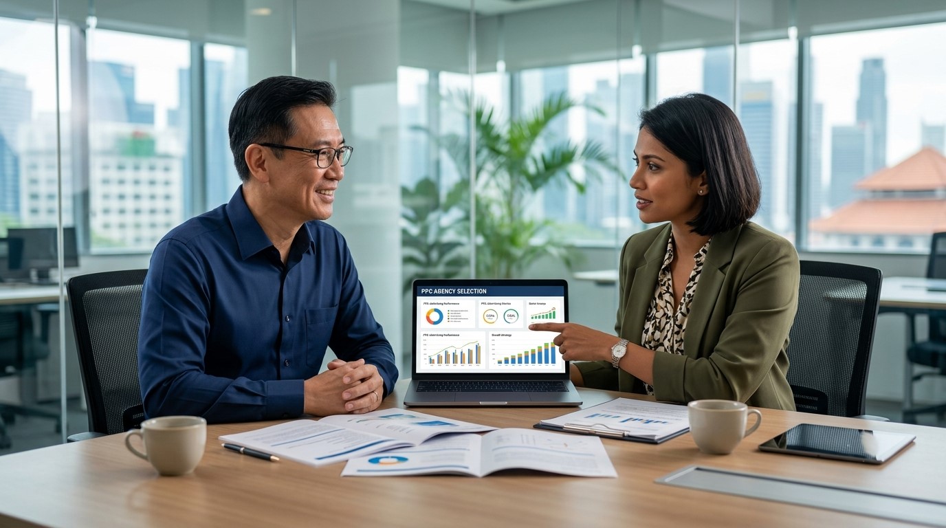 Best PPC Agencies Singapore business professionals discussing PPC marketing reports and digital advertising strategies in Singapore.