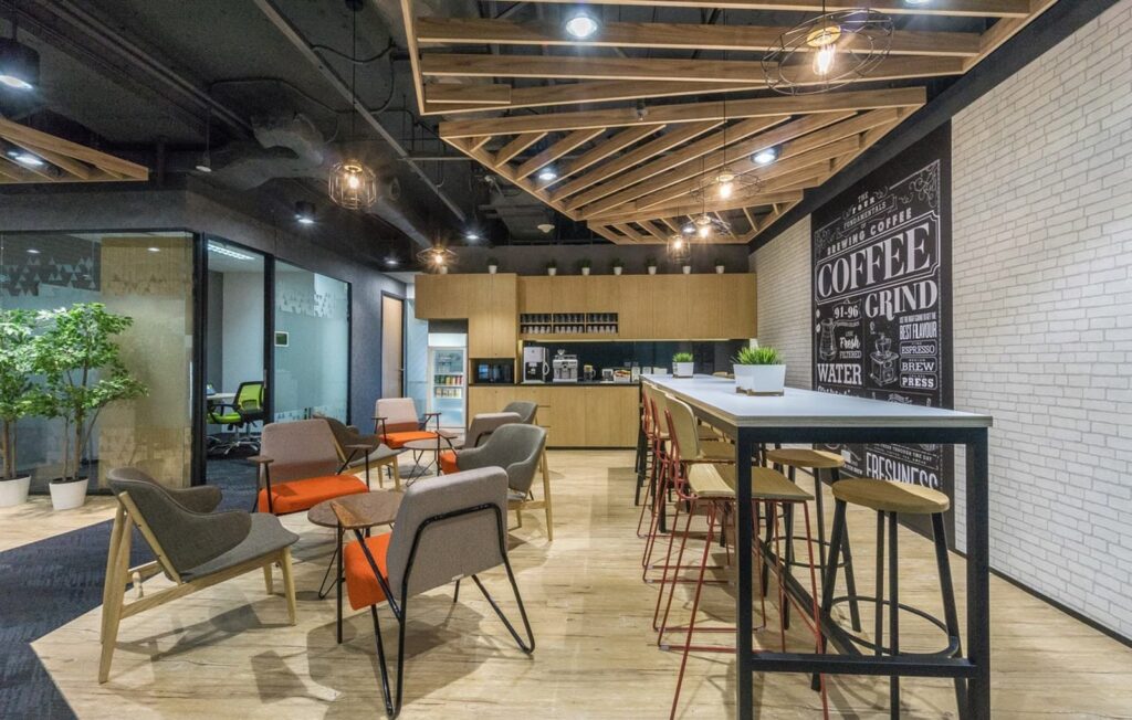 Creative virtual office coworking space with lounge and meeting facilities