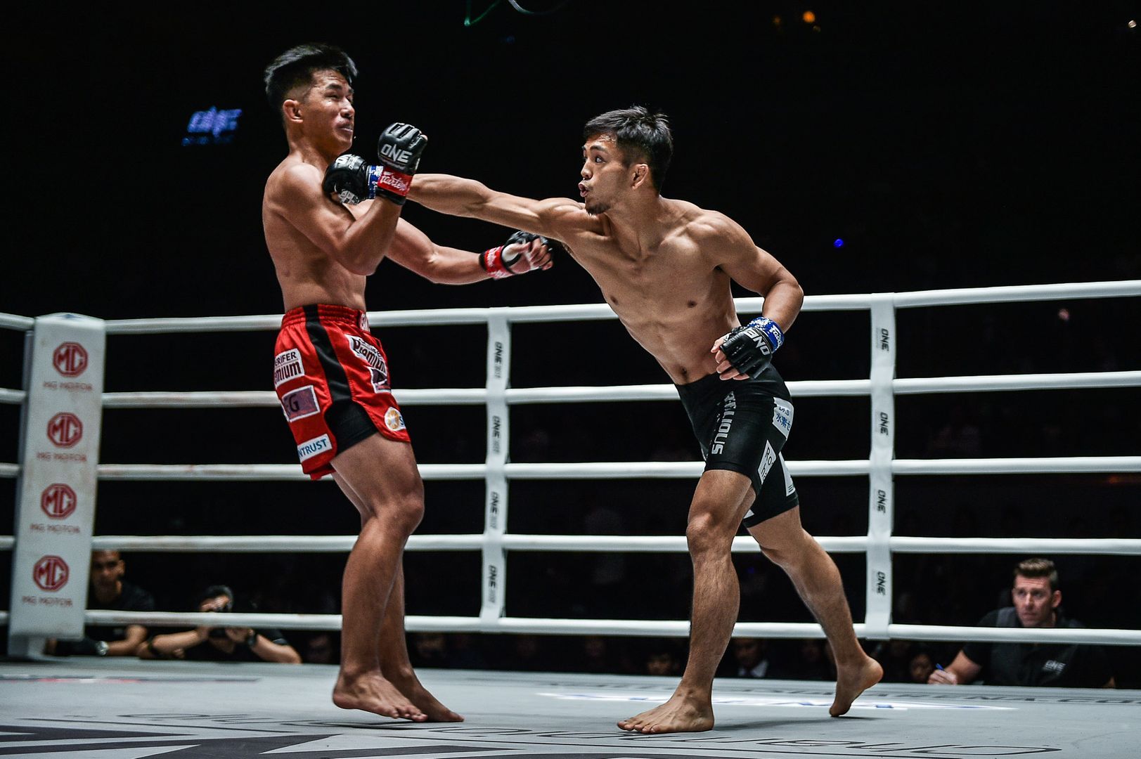 MMA fighters competing in a professional ring during an intense martial arts match.