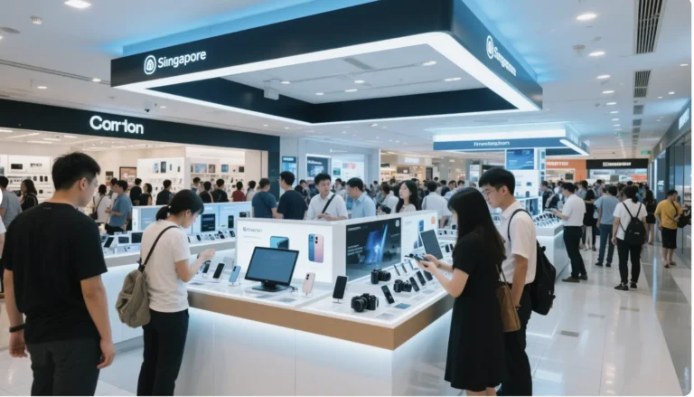 Customers shopping for electronics in a Singapore electronics store