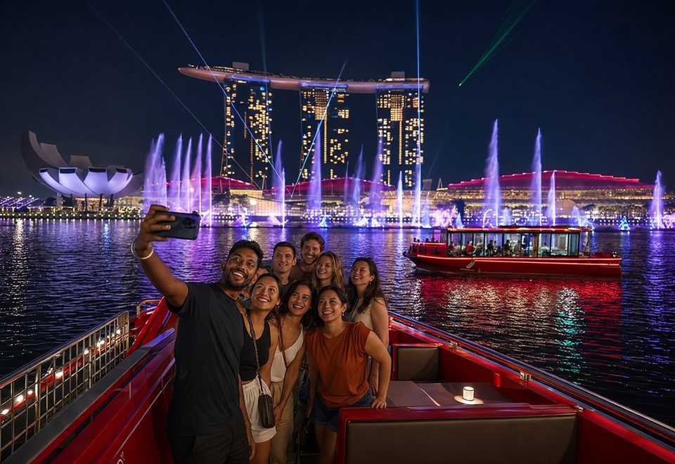 Friends enjoying a Marina Bay evening cruise in Singapore