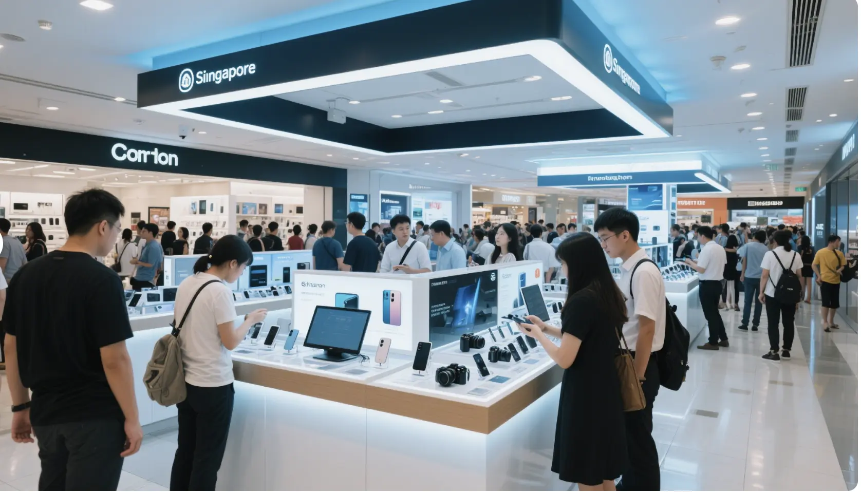 Customers shopping for electronics in a Singapore electronics store