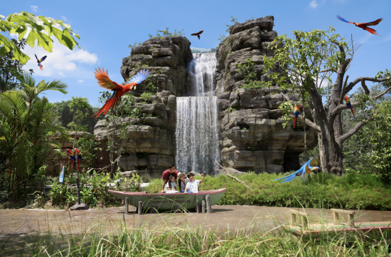 Lush park with waterfall and tropical greenery in Singapore