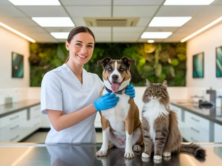 Veterinarian with a dog and cat at a Singapore animal clinic