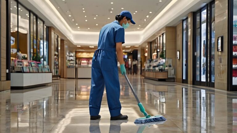 Professional cleaner mopping shopping mall floor in Singapore