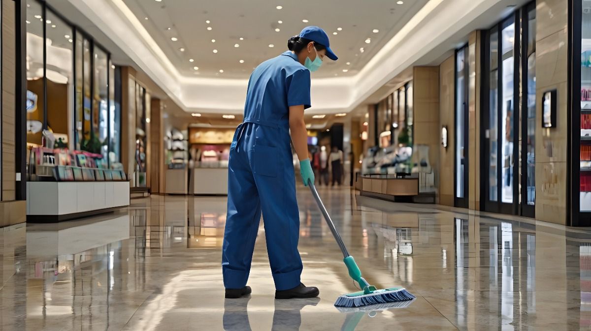 Professional cleaner mopping shopping mall floor in Singapore