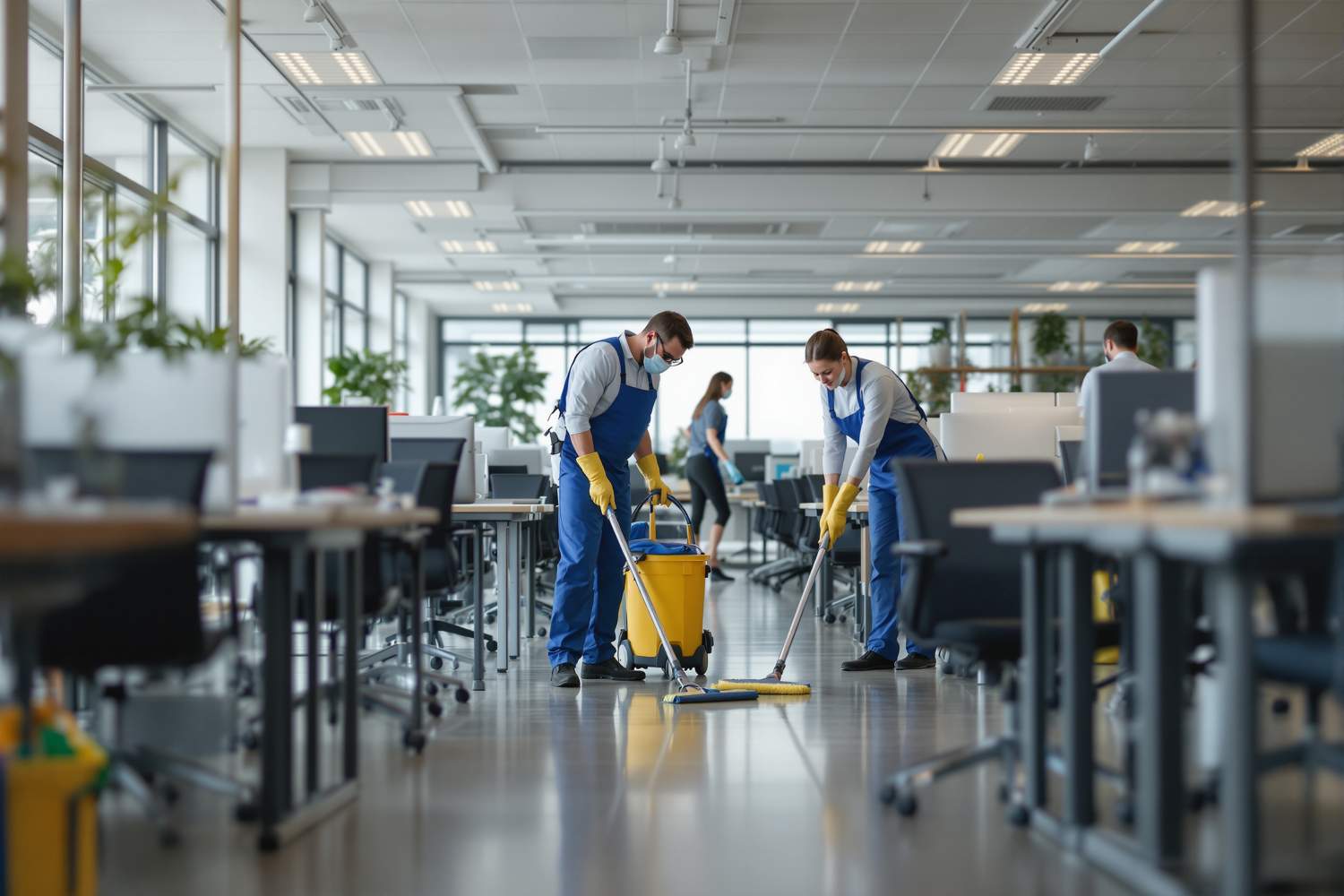 Commercial cleaning team sanitising office workspace in Singapore